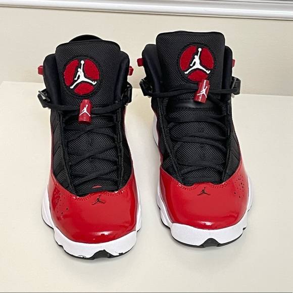 SOLD 😃 NEW AUTHENTIC AIR JORDAN Red Patent & BlK Mid-Top Sneakers - Picture 4 of 13